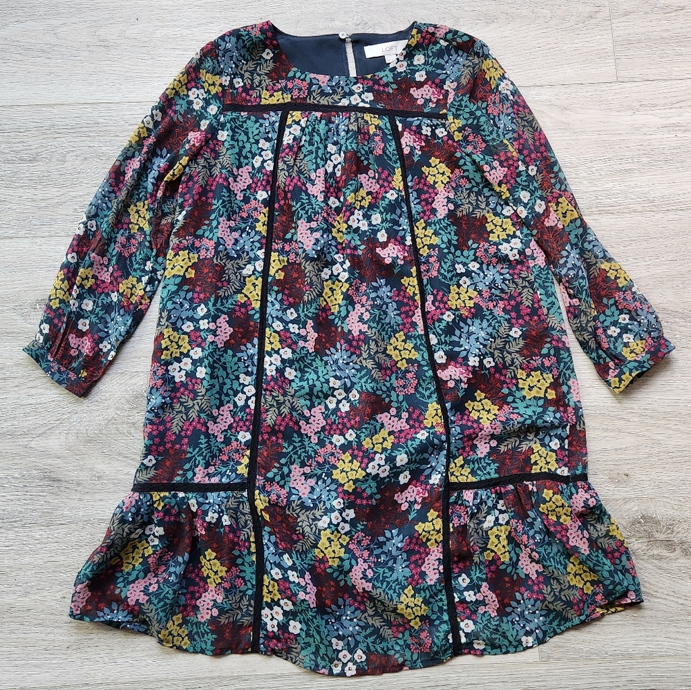 Ann Taylor Loft Pink Green Floral Dress Womens Xsp Sheer Sleeve Boho Cottagecore